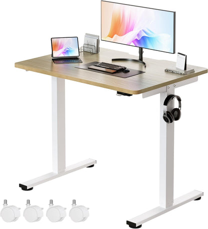 Small Electric Standing Desk, 36" X 24" Whole Piece Height Adjustable Desk, Oak Sit to Stand Computer Workstation with Wheels for Home Office