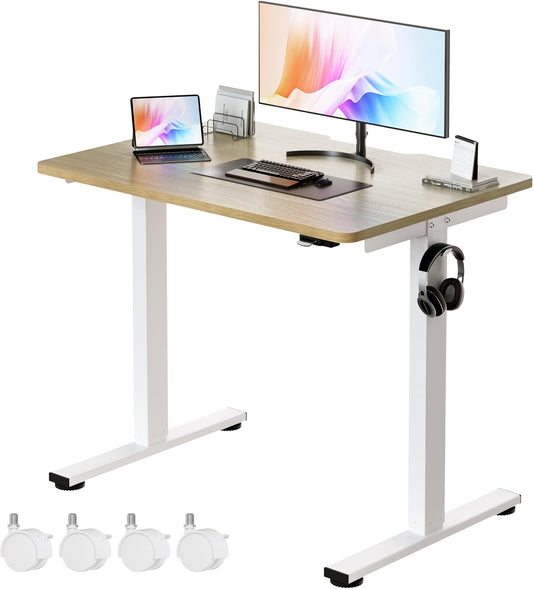 Small Electric Standing Desk, 36" X 24" Whole Piece Height Adjustable Desk, Oak Sit to Stand Computer Workstation with Wheels for Home Office