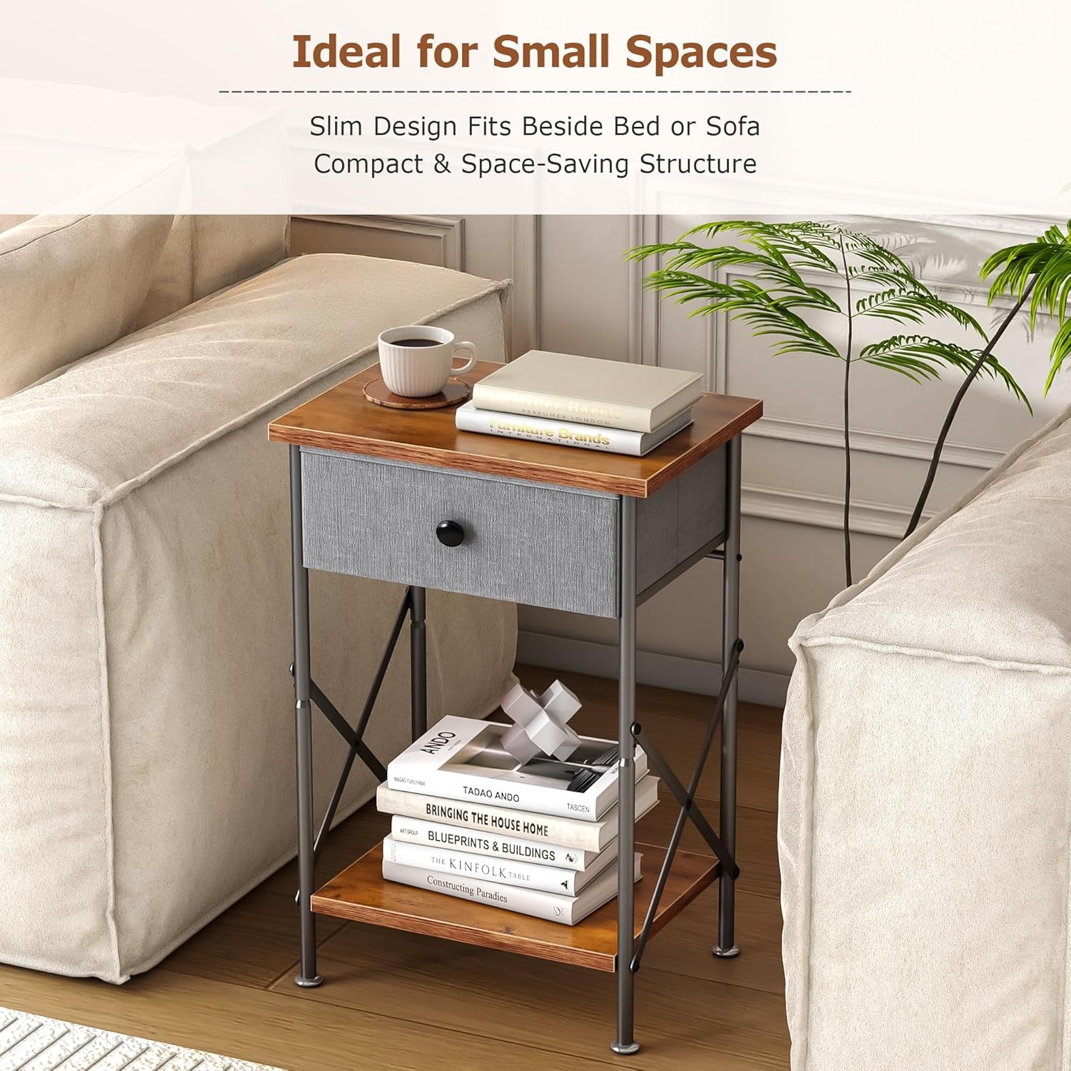 Nightstand with Drawer, Small Bedside Table with Storage and Adjustable Metal Legs, Wood End Table for Bedroom or Living Room, Perfect for Small Spaces and Modern Farmhouse Décor, Retro Brown