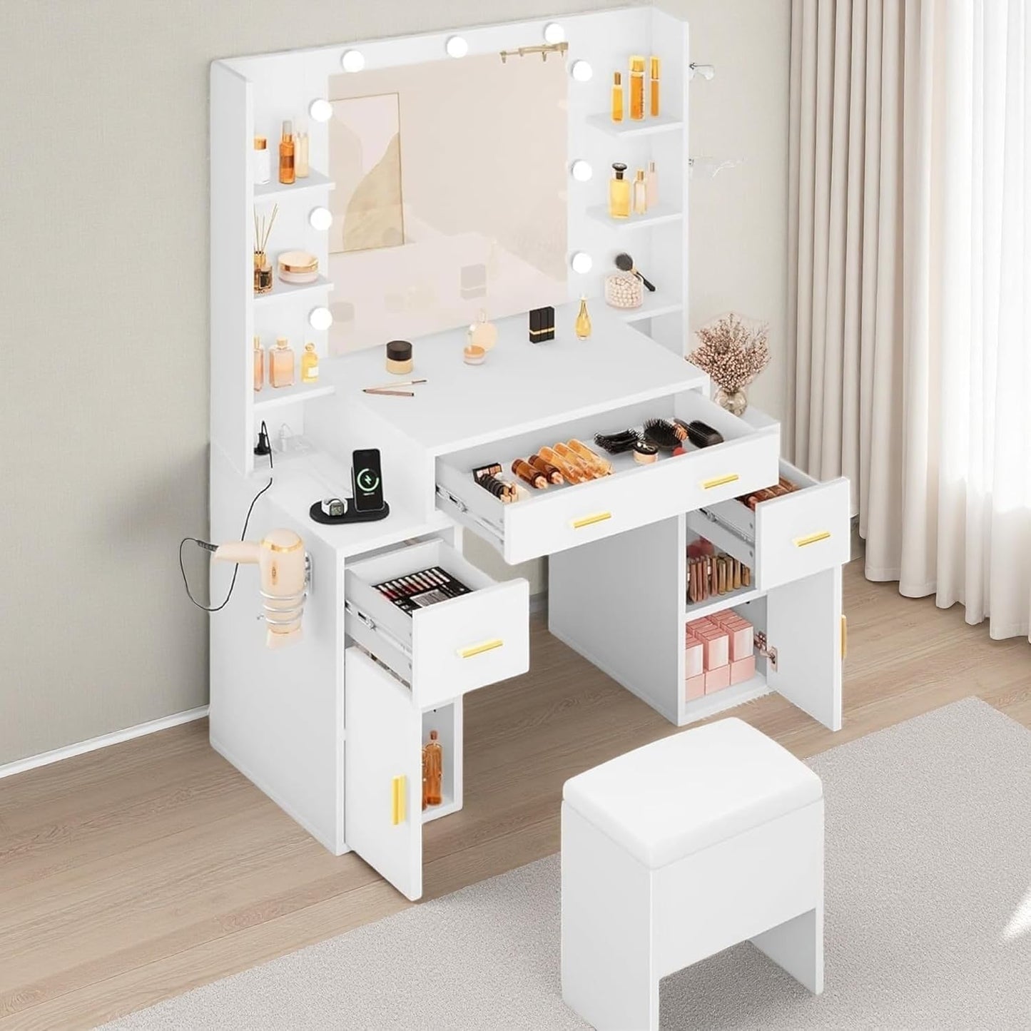 Vanity Desk with Large Mirror and LED Lights, Makeup Vanity Table Set with Power Outlets, Comfy Stool & Storage Drawers, Shelves and Cabinets, 3 Lighting Modes Makeup Table, Dressing Room, White
