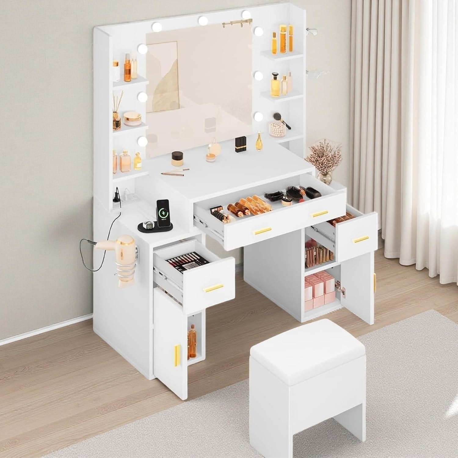 Vanity Desk with Large Mirror and LED Lights, Makeup Vanity Table Set with Power Outlets, Comfy Stool & Storage Drawers, Shelves and Cabinets, 3 Lighting Modes Makeup Table, Dressing Room, White
