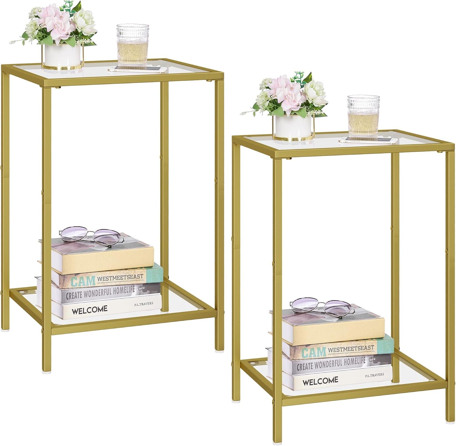 Side Tables Set of 2, End Tables with Tempered Glass, 2-Tier Nightstands with Storage Shelves, Coffee Table with Modern Style, Slim Sofa Table for Living Room, Bedroom, 11.8" D X 15" W, Golden