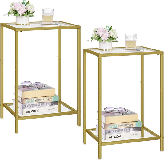 Side Tables Set of 2, End Tables with Tempered Glass, 2-Tier Nightstands with Storage Shelves, Coffee Table with Modern Style, Slim Sofa Table for Living Room, Bedroom, 11.8" D X 15" W, Golden