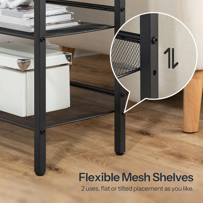 End Table, 3-Tier Narrow Side Table with Charging Station, Nightstand with 2 Flat or Slant Adjustable Shelves for Small Spaces, Living Room, Bedroom, Rustic Brown and Black BF23UBZ01G1