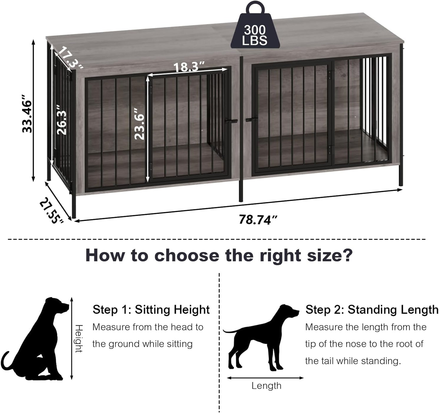Dog Crate Furniture for 2 Dogs, 78" Double Dog Kennel Furniture Indoor for Large Dogs, XXL Wooden Furniture Dog Crate with Divider, Dog Kennel Dog Crates TV Stand, Grey