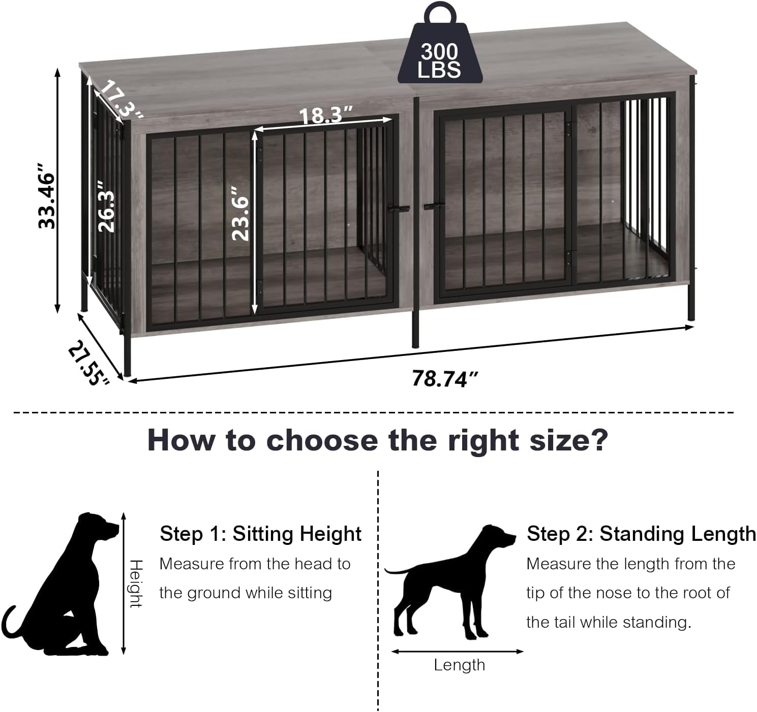 Dog Crate Furniture for 2 Dogs, 78" Double Dog Kennel Furniture Indoor for Large Dogs, XXL Wooden Furniture Dog Crate with Divider, Dog Kennel Dog Crates TV Stand, Grey