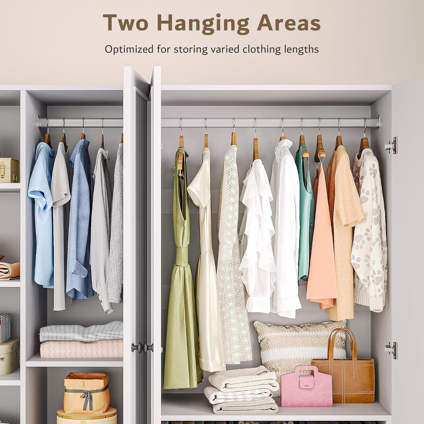 4 Doors Armoire Wardrobe Closet with 2 Drawers, 63" Large Wardrobe Cabinet with Removable Hanging Rods and Adjustable Shelves, Closet Storage Cabinet for Bedroom, Cloak Room, White