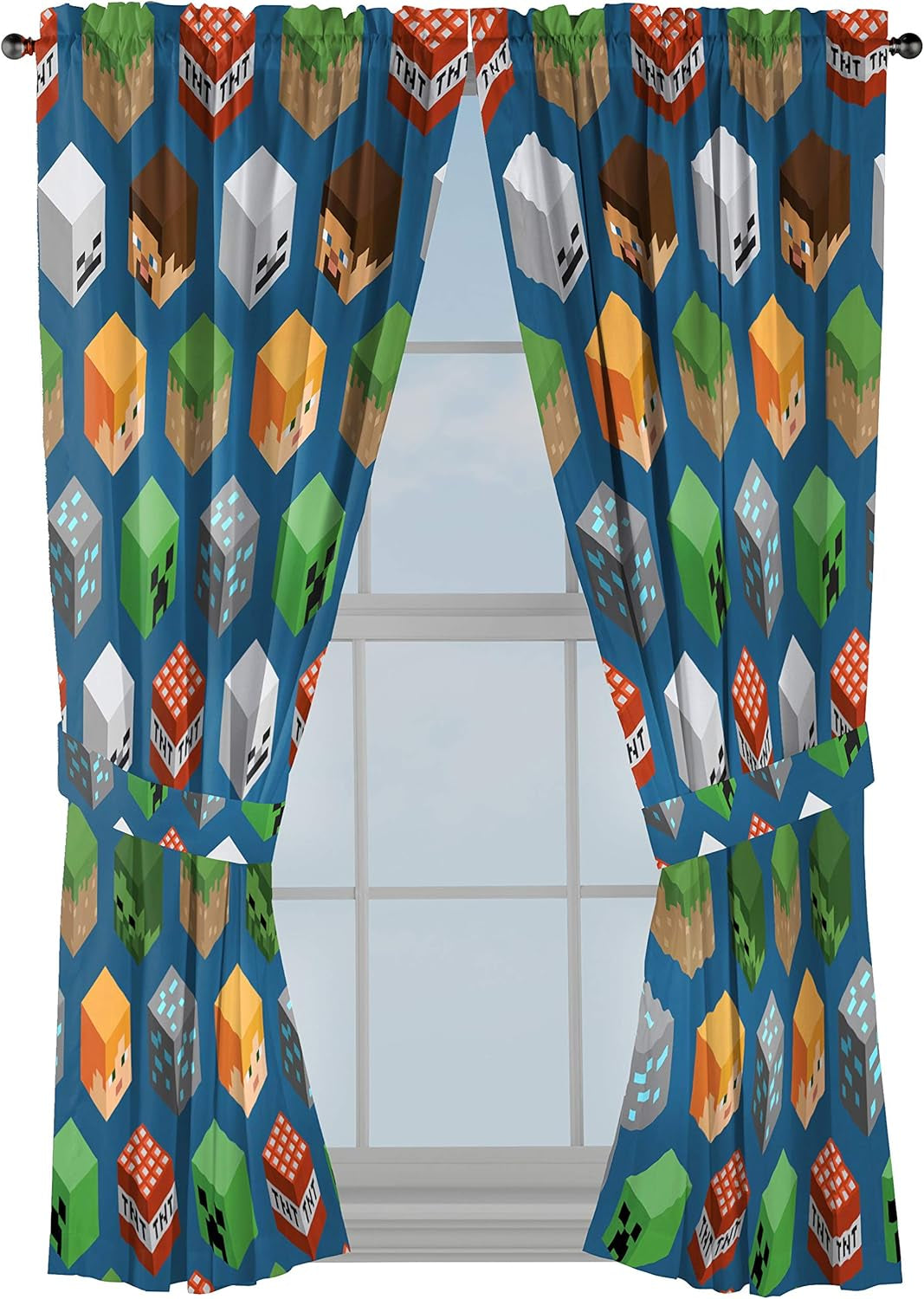 Minecraft Isometric Blue 63 in Drapes 4 Piece Set - Beautiful Room Decor&Easy Set Up, Bedding Features Creeper - Window Curtains Include 2 Panels&2 Tiebacks (Official Minecraft Product)