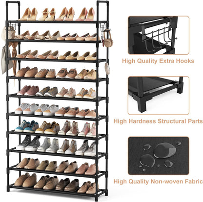 10 Tier Shoe Rack Tall Large Capacity 50 Pair Wide Shoe Organizer with Two Hooks Sturdy Metal Shoe Shelf for Entryway, Closet, Bedroom