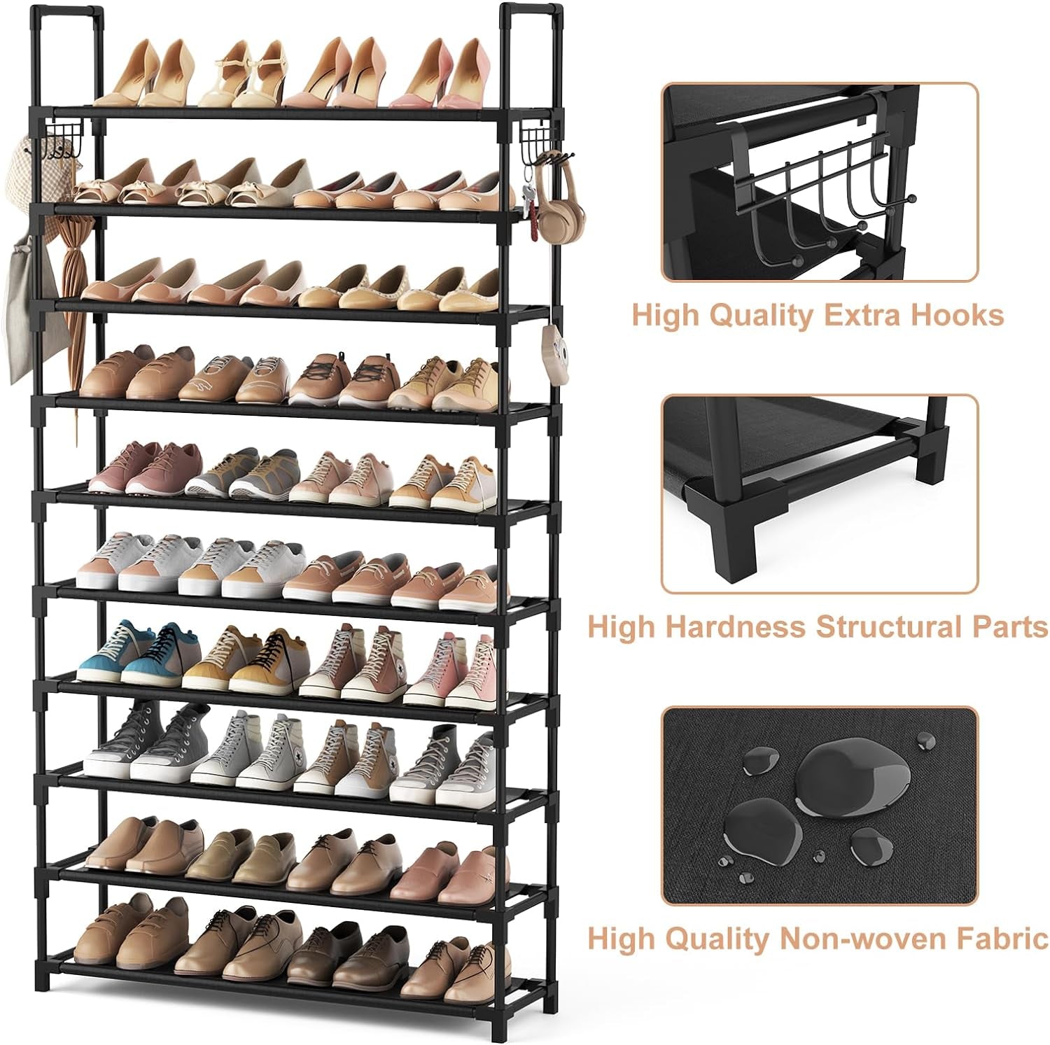 10 Tier Shoe Rack Tall Large Capacity Wide Shoe Organizer with Two Hooks Sturdy Metal Shoe Shelf for Entryway, Closet, Bedroom