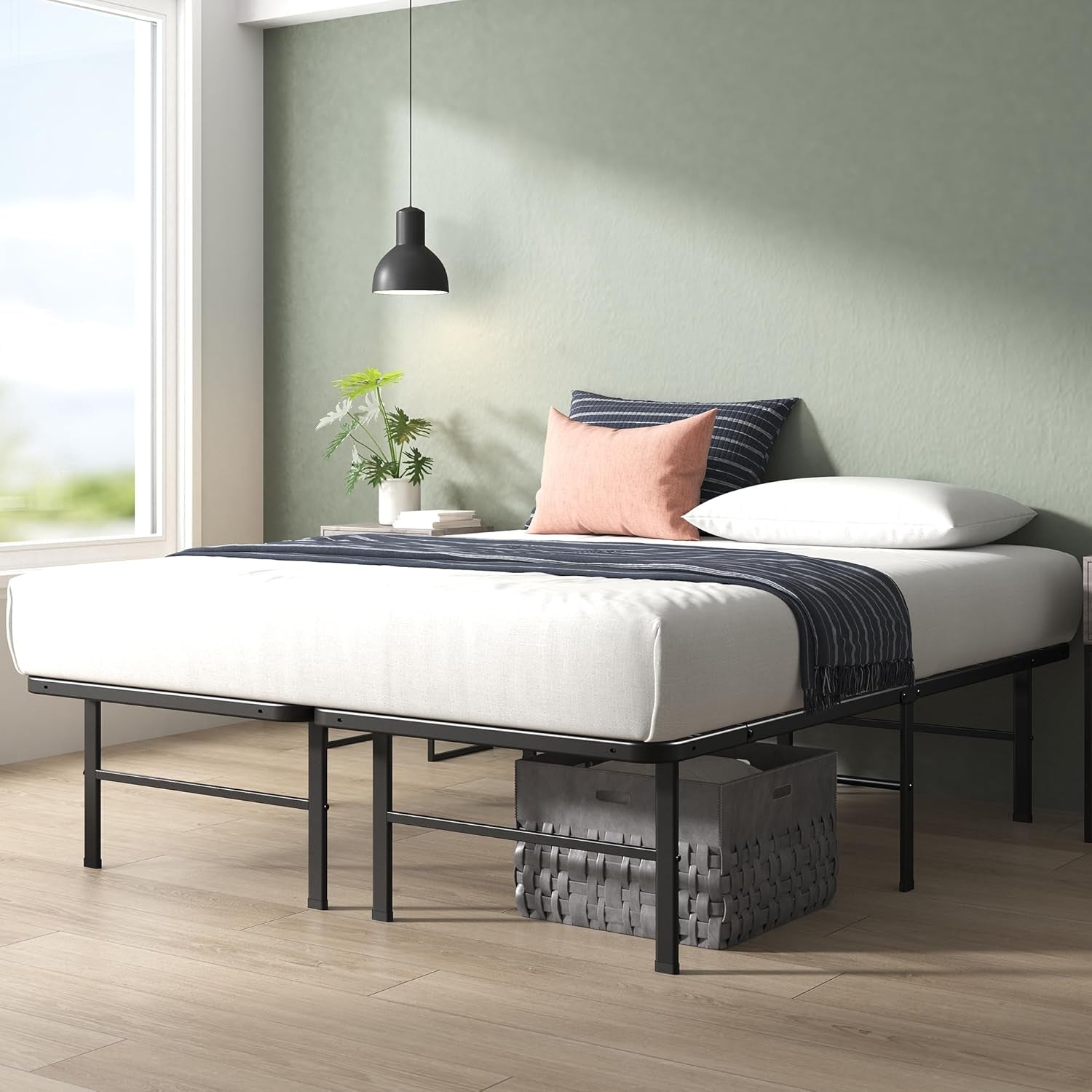 Rumi 14In Full Metal Bed Frame, Quick Assembly Smartbase® Mattress Foundation, Heavy Duty Sturdy Steel with No Box Spring Needed, Eco-Friendly Packaging, Black