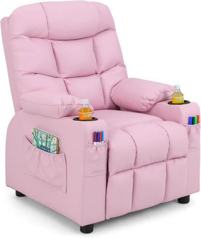 Kids Recliner Chair with Cup Holder, Adjustable Lounge Chair W/Footrest & Side Pockets for Children Boys Girls Room, Ergonomic Toddler Furniture Sofa, Kids Pink Recliner (Pink)