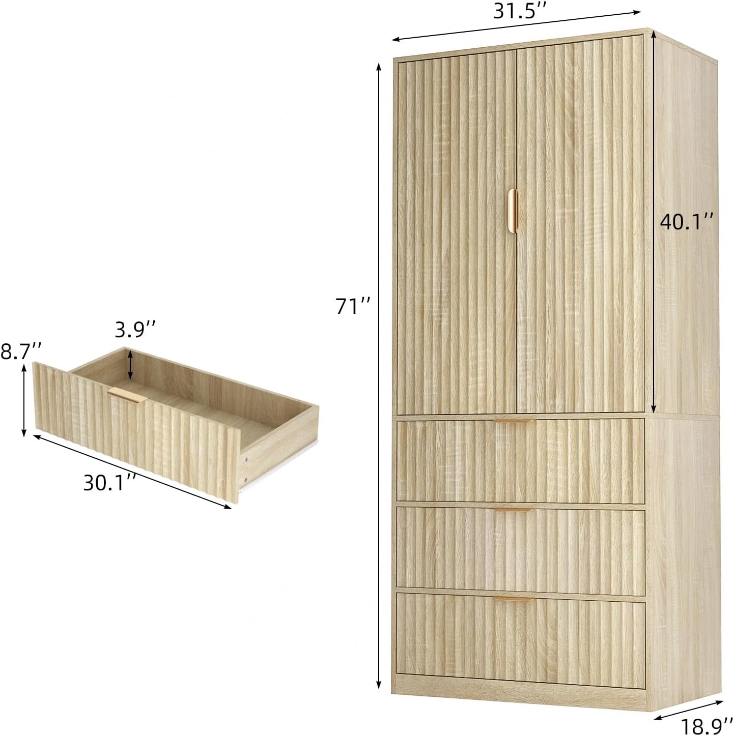 Armoire Wardrobe Closet with Doors and Mirror, 71" Clothing Storage Cabinet with Hanging Rod, 3 Dreawers Wardrobe Cabinet for Bedroom, Cloak Room (Oak)