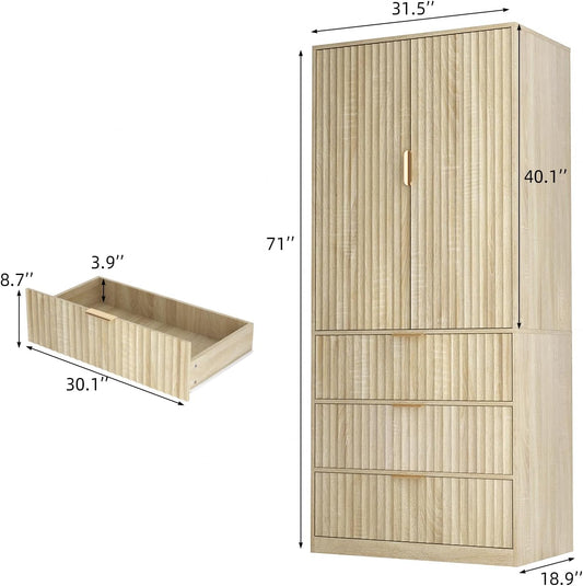 Armoire Wardrobe Closet with Doors and Mirror, 71" Clothing Storage Cabinet with Hanging Rod, 3 Dreawers Wardrobe Cabinet for Bedroom, Cloak Room (Oak)