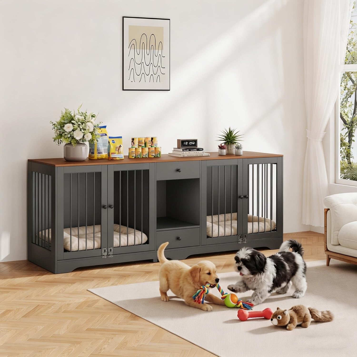 Large Dog Crate Furniture with Secure Locking Latches, 82" Wooden Dog Kennel Furniture with Double Doors, Drawers & 4 Bowls, Heavy-Duty Metal Bars Decorative Pet House for Living Room, Black
