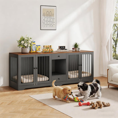 Large Dog Crate Furniture with Secure Locking Latches, 82" Wooden Dog Kennel Furniture with Double Doors, Drawers & 4 Bowls, Heavy-Duty Metal Bars Decorative Pet House for Living Room, Black