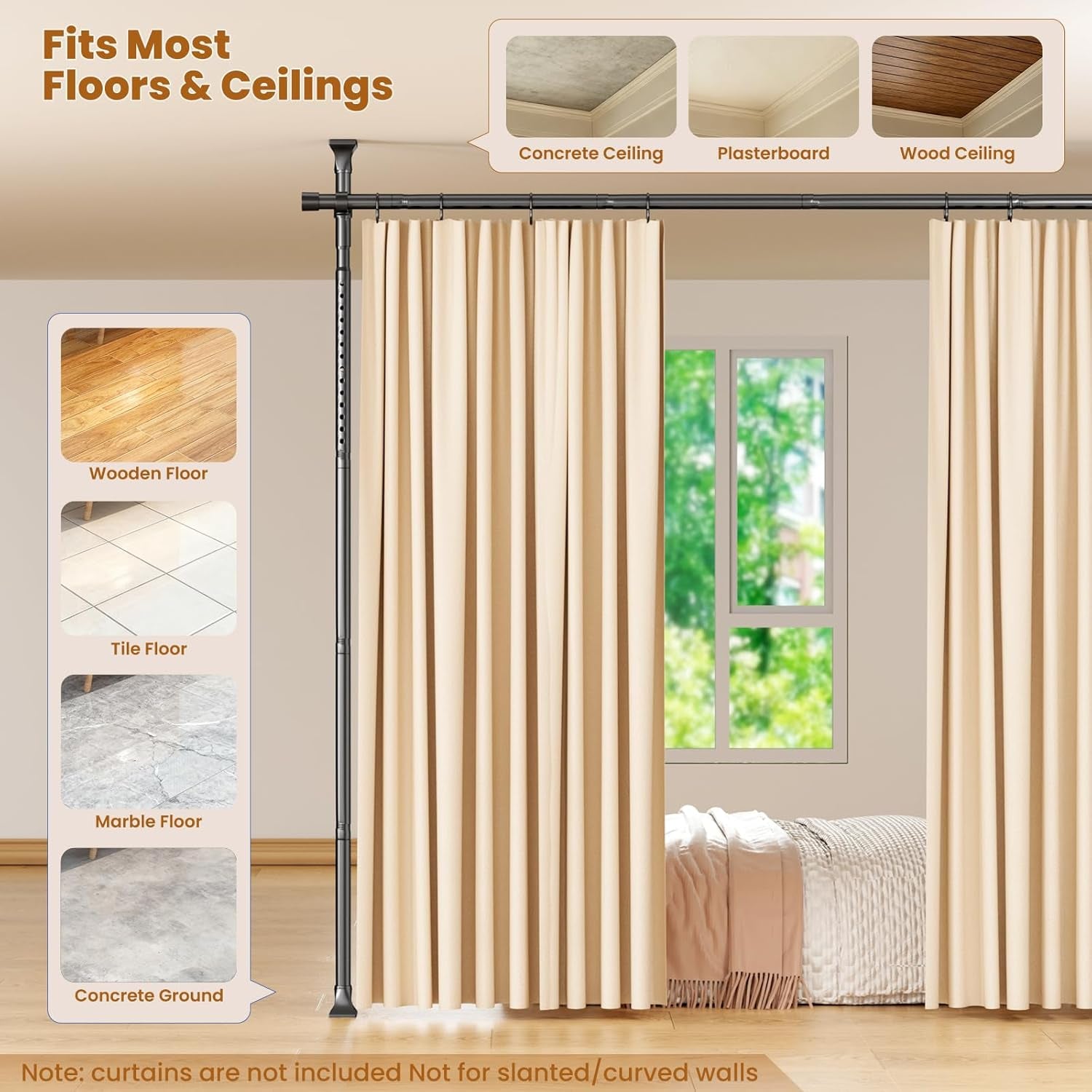 Room Divider Curtain Rods No Drilling, Adjustable 4-10Ft(H) Wall Divider for Room Separation, Temporary Privacy Tension Curtain Rods, Freestanding Space Room Separator, Black