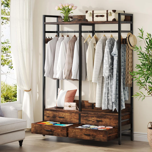 Freestanding Closet Organizer for Hanging Clothes, Heavy Duty Garment Rack with 4 Drawers, 8 Hooks and Storage Shelves, Wardrobe Closet Clothing Rack for Bedroom, Living Room, Rustic Brown