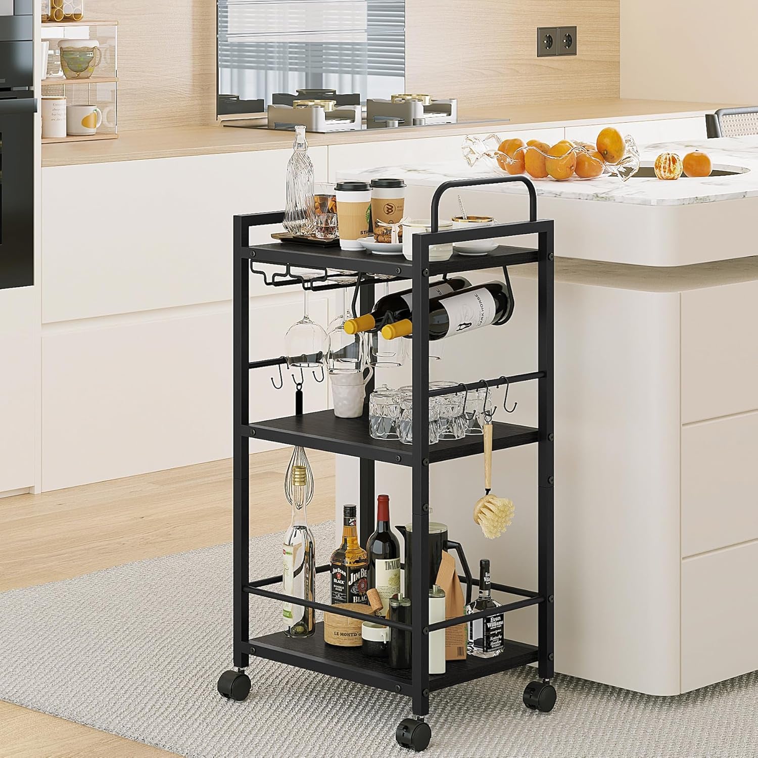Bar Cart for the Home, 3 Tier Kitchen Carts with Wheels, Small Rolling Cart with Glass Holders, Wine Rack, Mini Bar Cart for Kitchen, Dining Room, Living Room, 13.0" D X 17.0" W X 33.8" H, Black