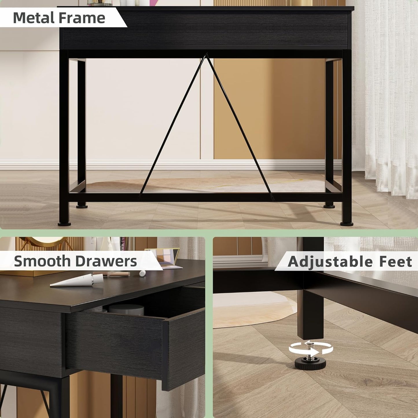 Small Computer Desk with Drawers, 39.4 Inch Home Office Desks with Storage, Simple Modern Kids Desk, Vanity Desk for Bedroom, Work Study Writing Desk Table for Small Spaces (Black, Wooden)