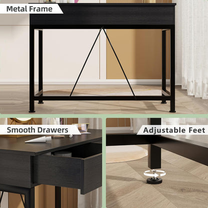 Small Computer Desk with Drawers, 39.4 Inch Home Office Desks with Storage, Simple Modern Kids Desk, Vanity Desk for Bedroom, Work Study Writing Desk Table for Small Spaces (Black, Wooden)