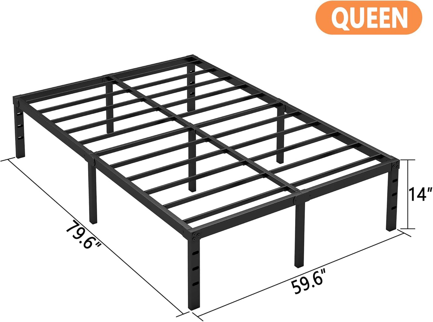 14 Inch Queen Bed Frame - Sturdy Metal Platform Queen Size, No Box Spring Needed, Heavy Duty, Easy Assembly, Strong Bearing Capacity, under Bed Storage, Black