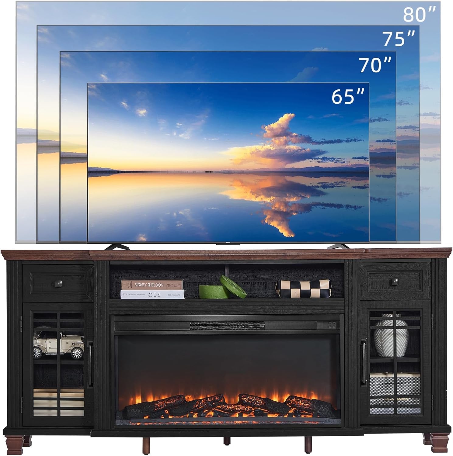 70" Fireplace TV Stand with 36”Silent Electric Fireplace, Farmhouse Entertainment Center for Tvs up to 80", 2 Drawers TV Console with Glass Door Cabinet, Black Tvs Cabinet for Living Room