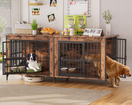 79" Dog Crate Furniture for 2 Dogs, Large Dog Kennel with 360° Rotating Feeder Bowls, Indoor Double Dogs Crates with 4 Doors, Wooden Crate TV Stand with Removable Divider