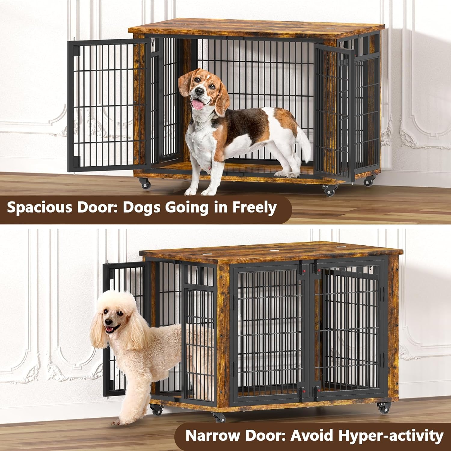 90% Pre-Assembled 33" Small and Meidum Dog Kennel Indoor Furniture, Wooden Dog Crate Furniture with Top-Access Teasing/Feeding Doors, for Medium and Small Breed, with Wheels Moveable