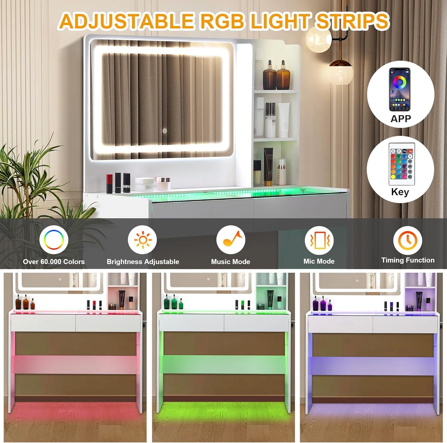 Vanity Desk，Transparent Desktop, Multiple Color Ambient Lights, with Mirror and Tri Color Light Strip, Dressing Table with Charging Station, Equipped with 2 Drawers, White