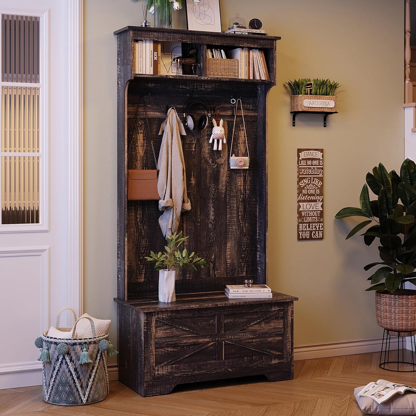 4-In-1 Hall Tree with Storage Bench, 71" Entryway Bench with Coat Rack & Storage Cabinet, Mud Room Organization with Seating, 5 Hooks, Retro Accent Coat Tree for Living Room, Rustic Dark Brown