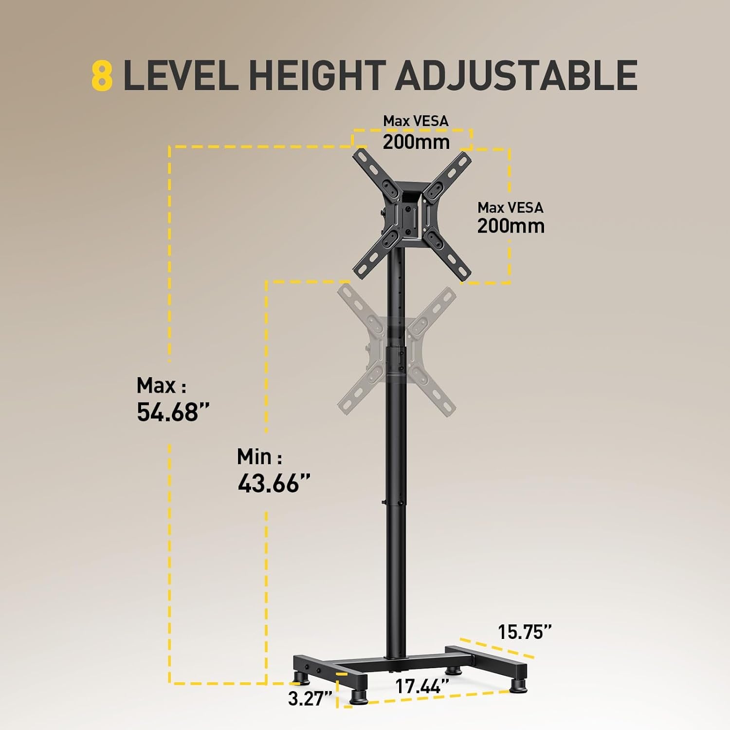 TV Floor Stand for 13-43 Inch Flat/Curved Tvs up to 44 Lbs, 8 Level Height Adjustable Monitor Floor TV Stand with VESA 200X200, Portable TV Mount Stand for Living Room, Bedroom, Office