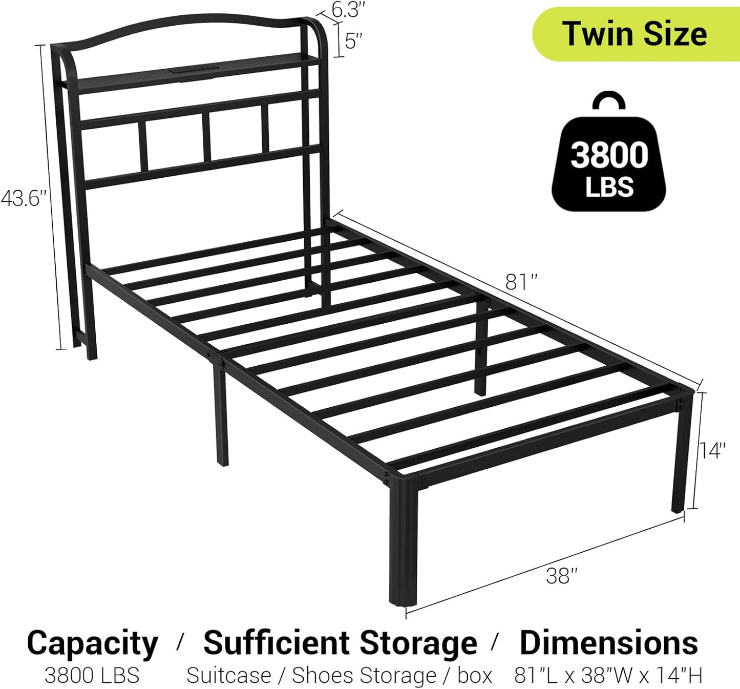 Metal Bed Frame with Headboard and USB & Type C Charging Station, Heavy Duty Metal Bed Frame No Box Spring Needed with Ample Storage Space - Easy Assembly and Noise Free(Black, Twin)