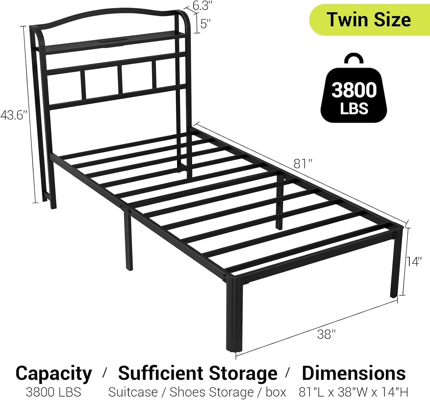 Metal Bed Frame with Headboard and USB & Type C Charging Station, Heavy Duty Metal Bed Frame No Box Spring Needed with Ample Storage Space - Easy Assembly and Noise Free(Black, Twin)