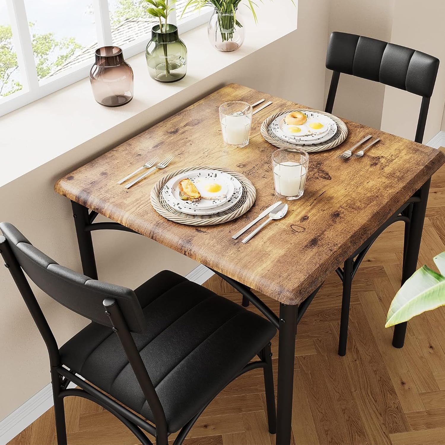 Dining Table Set for 2, Kitchen Table and Chairs for 2 with Upholstered Chairs, 3 Piece Dining Room Table Set, Square Kitchen Table Set for Small Space, Apartment, Studio, Rustic Brown