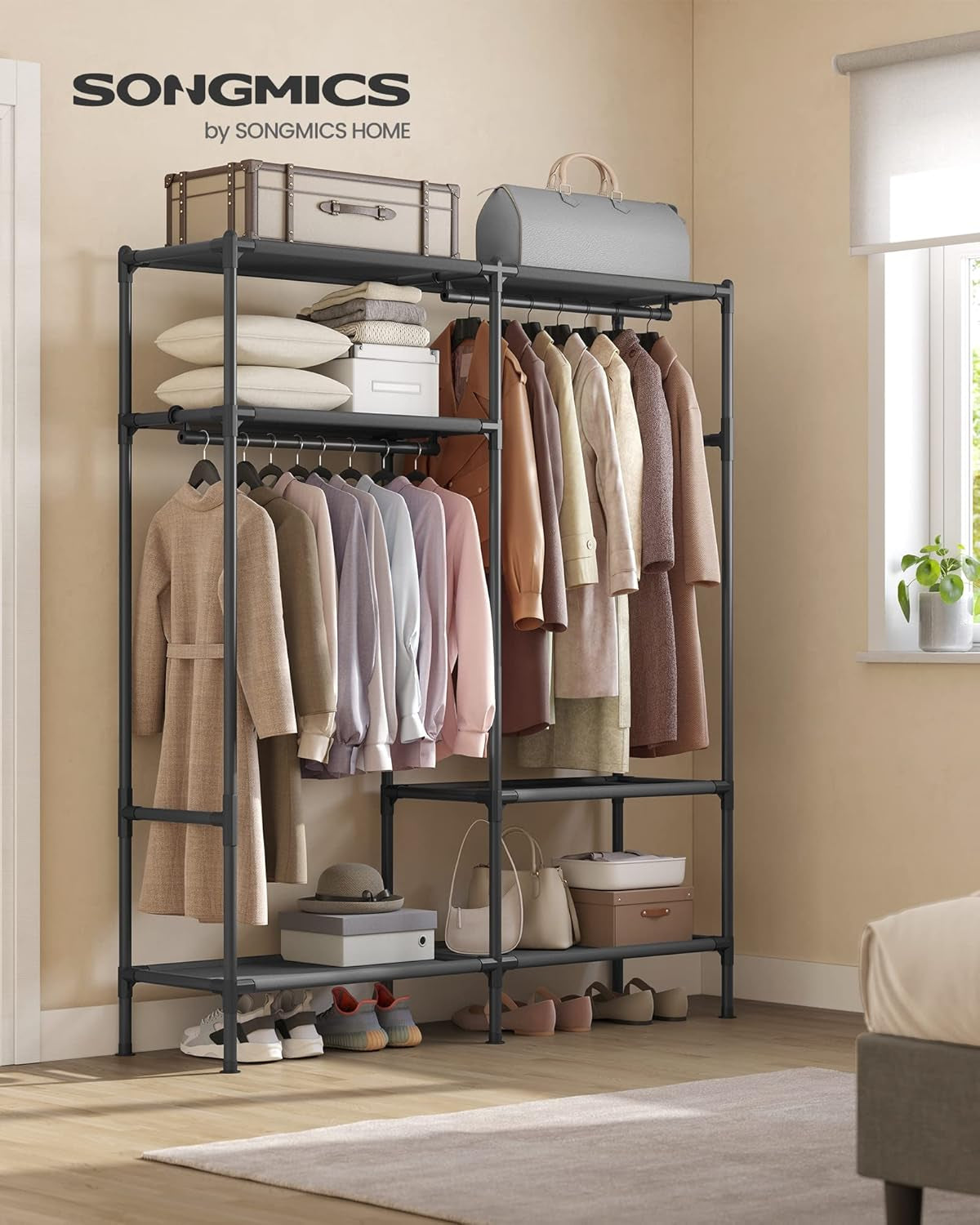 Heavy Duty Clothes Rack, 65 Inch Freestanding Portable Wardrobe with Hanging Rails and Shelves, Total Load 242 Lb, Easy Assembly, for Cloakroom, Bedroom, Black URDR201B02