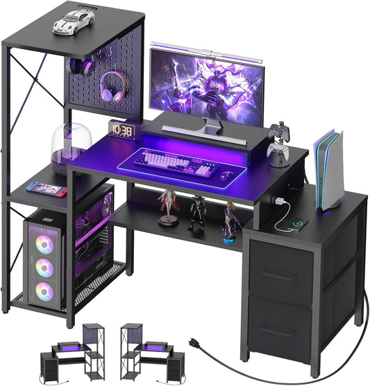 Small Gaming Desk with 2 Fabric Drawers - Reversible Computer Desk with Power Outlet & LED Lights, 49" Office Desk with Monitor Stand & Storage Shelves, Writing Study Table with Pegboard, Black