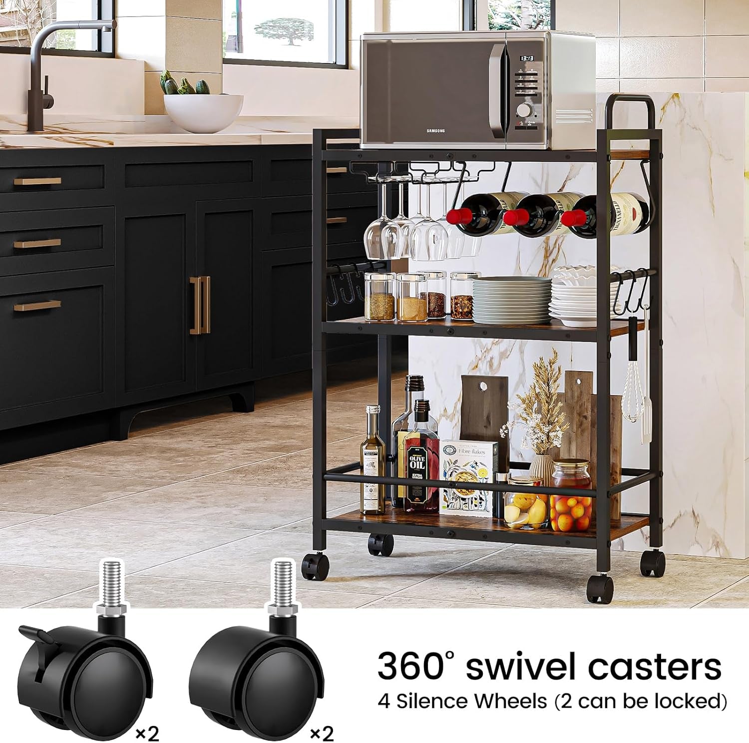 Bar Cart, Serving Cart for Home, Microwave Cart, Drink Cart, Mobile Kitchen Shelf with Wine Rack and Glass Holder, Rolling Beverage Cart for Dining Room(Rustic Brown and Black)