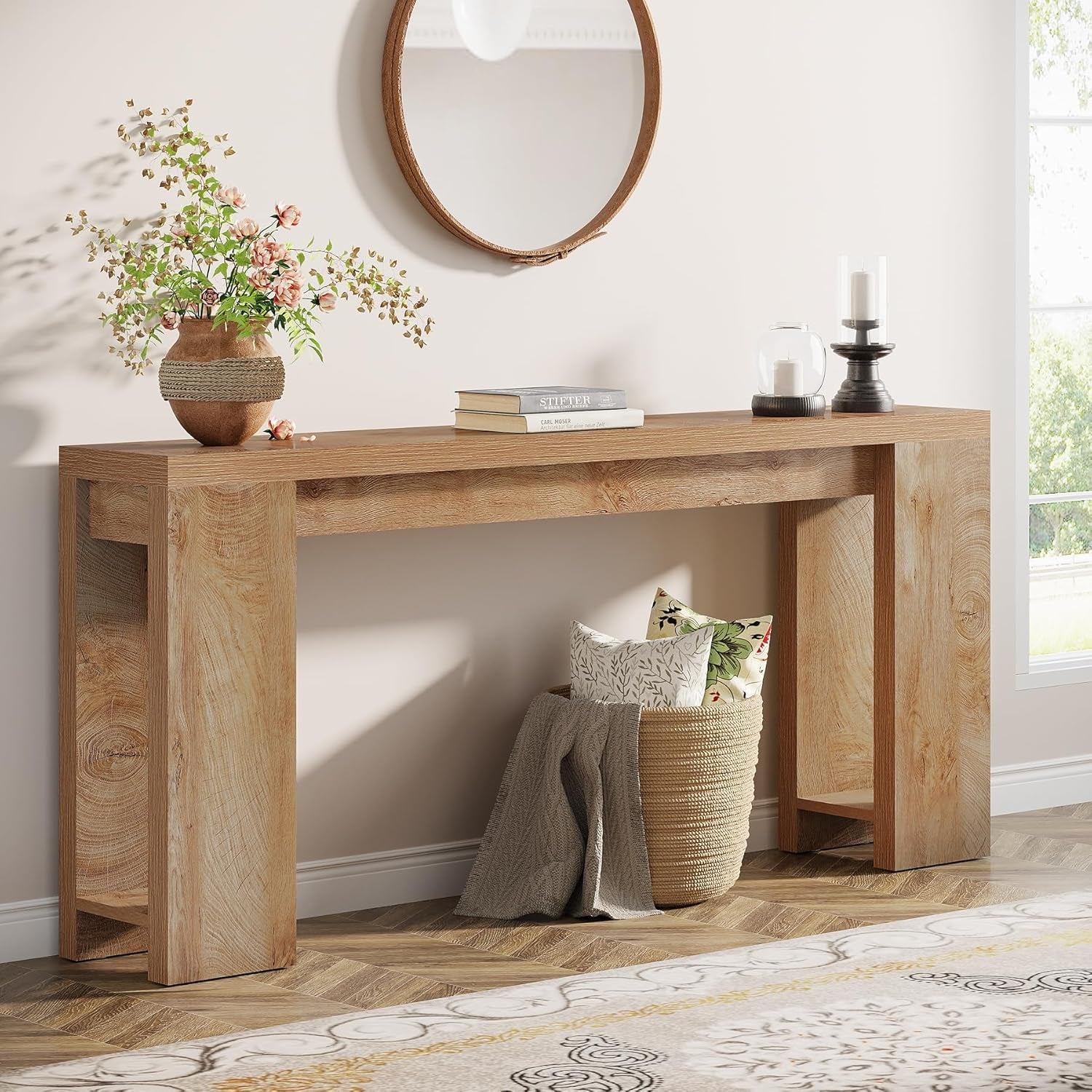 70.9-Inch Extra Long Console Table, Farmhouse Wood Sofa Table behind Couch, Narrow Entryway Accent Table for Living Room, Hallway, Entrance, Foyer, Light Oak Brown