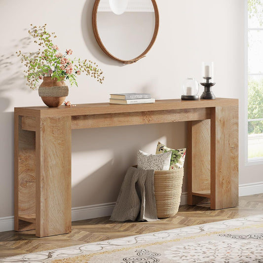 70.9-Inch Extra Long Console Table, Farmhouse Wood Sofa Table behind Couch, Narrow Entryway Accent Table for Living Room, Hallway, Entrance, Foyer, Light Oak Brown