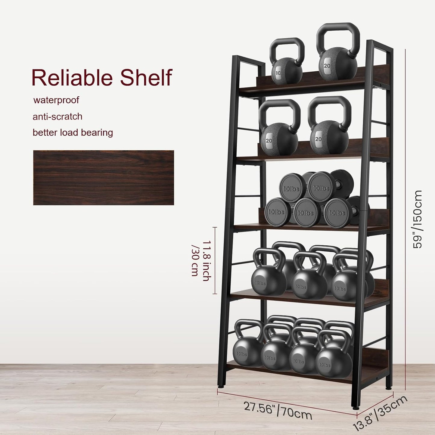 5 Tier Book Shelf, Rustic Industrial Ladder Bookshelf Wood Metal, Dark Brown Farmhouse 28'' Wide 59''Tall Ladder Shelf Living Room, Bedroom, Home Office