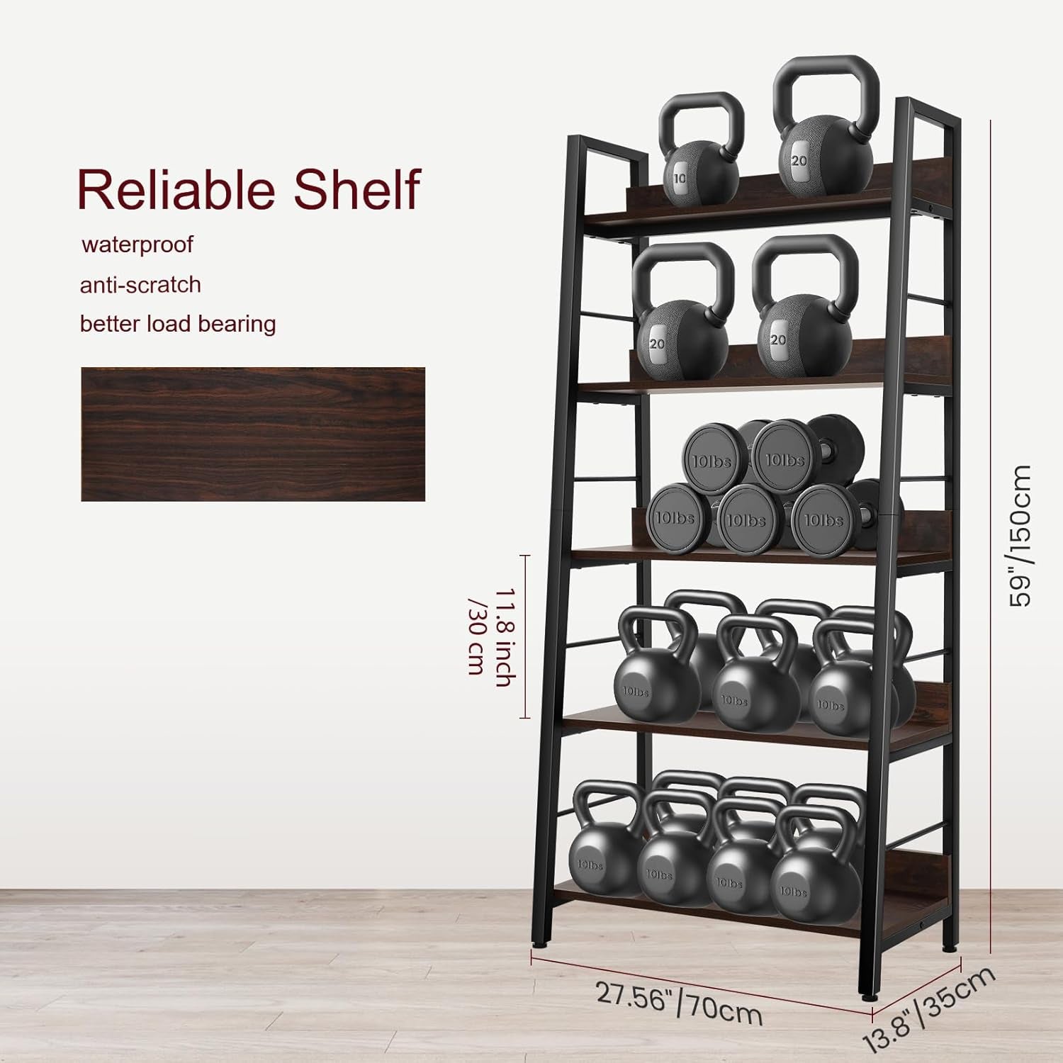 5 Tier Book Shelf, Rustic Industrial Ladder Bookshelf Wood Metal, Dark Brown Farmhouse 28'' Wide 59''Tall Ladder Shelf Living Room, Bedroom, Home Office