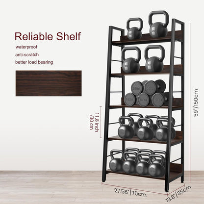 5 Tier Book Shelf, Rustic Industrial Ladder Bookshelf Wood Metal, Dark Brown Farmhouse 28'' Wide 59''Tall Ladder Shelf Living Room, Bedroom, Home Office