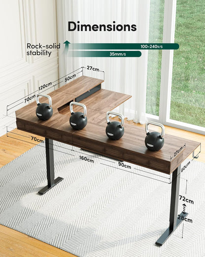 L Shaped Electric Standing Desk, 63X48 Inch Large with Drawers | Reversible Tabletop, 2 Memory Height Settings | Home Office & Gaming Height-Adjustable Table, Black Walnut（2 Packages）