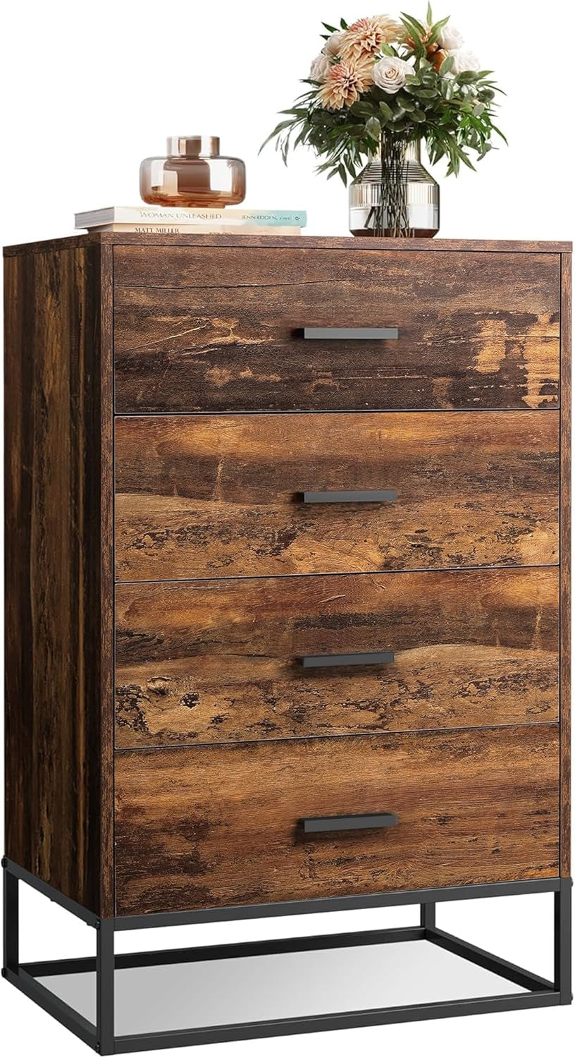 Wood Dresser for Bedroom with 4 Drawers, Tall Dresser with Sturdy Metal Frame, Wooden Chest of Drawers for Hallway, Living Room, Closet, Brown Oak