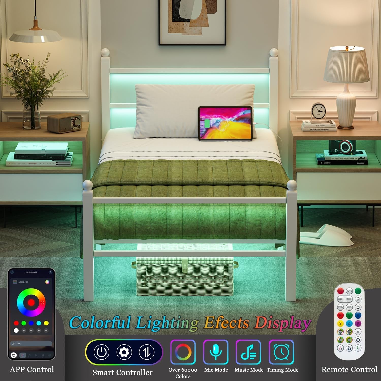 Twin Size Bed Frames with Charging Ports&Led Lights,Heavy Duty Metal Slats Support,No Box Spring Needed,Noise Free,No Squeak,Easy Assembly,For Girls Kids,White