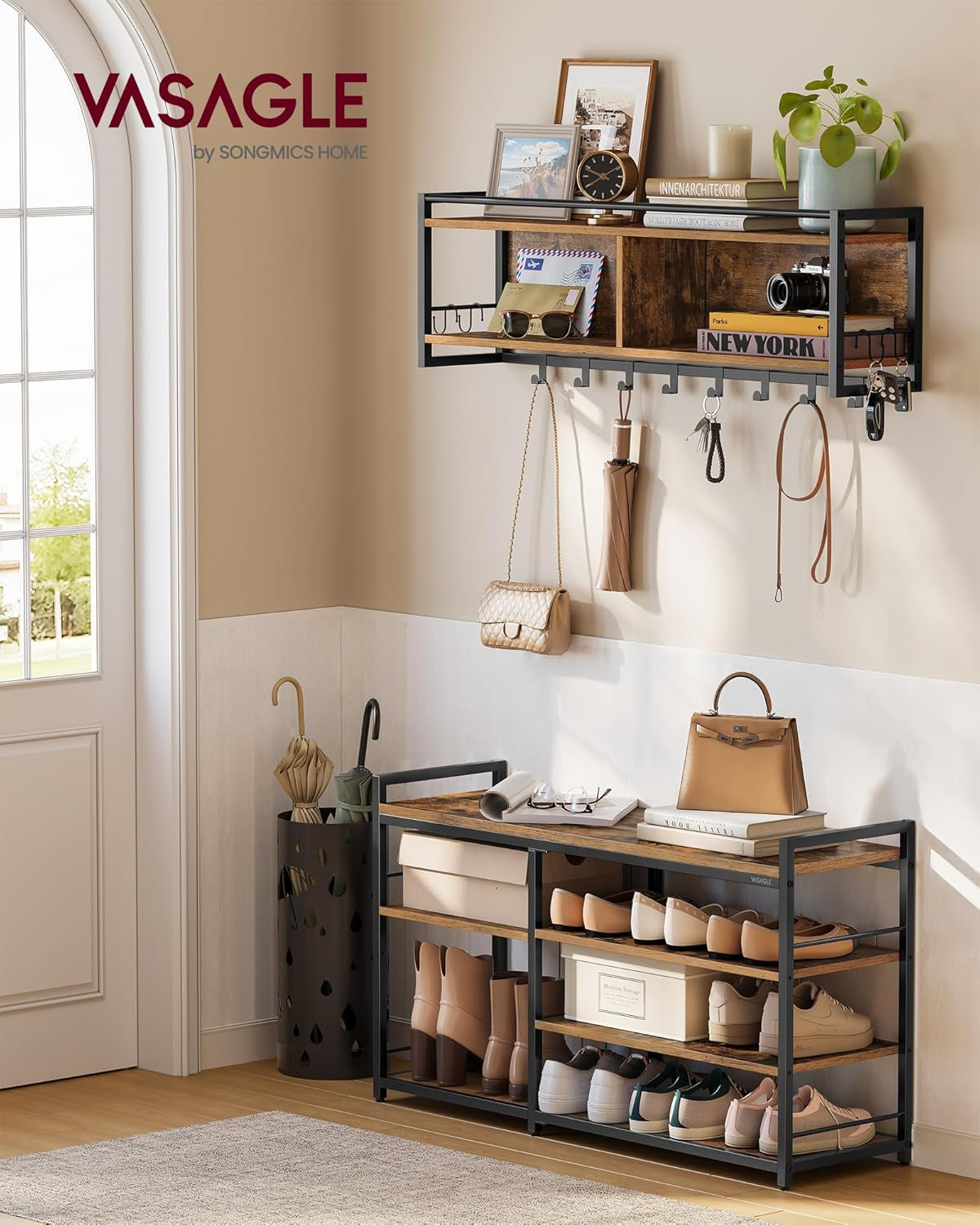 Hall Tree with Shoe Bench, Coat Rack Shoe Bench Set, Entryway Furniture, Multifunctional, 12 Metal Hooks, 4-Tier Shoe Rack, for Entryway, Bedroom, Rustic Brown ULSB108K01