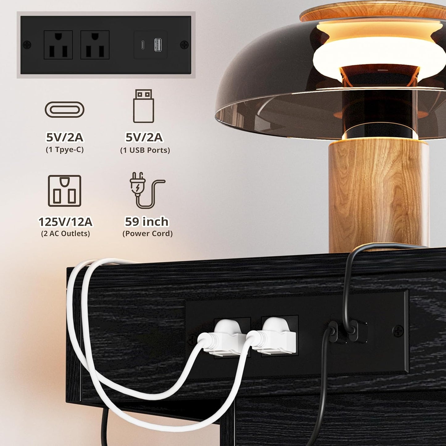 Night Stand with Charging Station, Modern Black Nightstand with LED Light and Drawers, Bedside Tables/End Table for Bedroom
