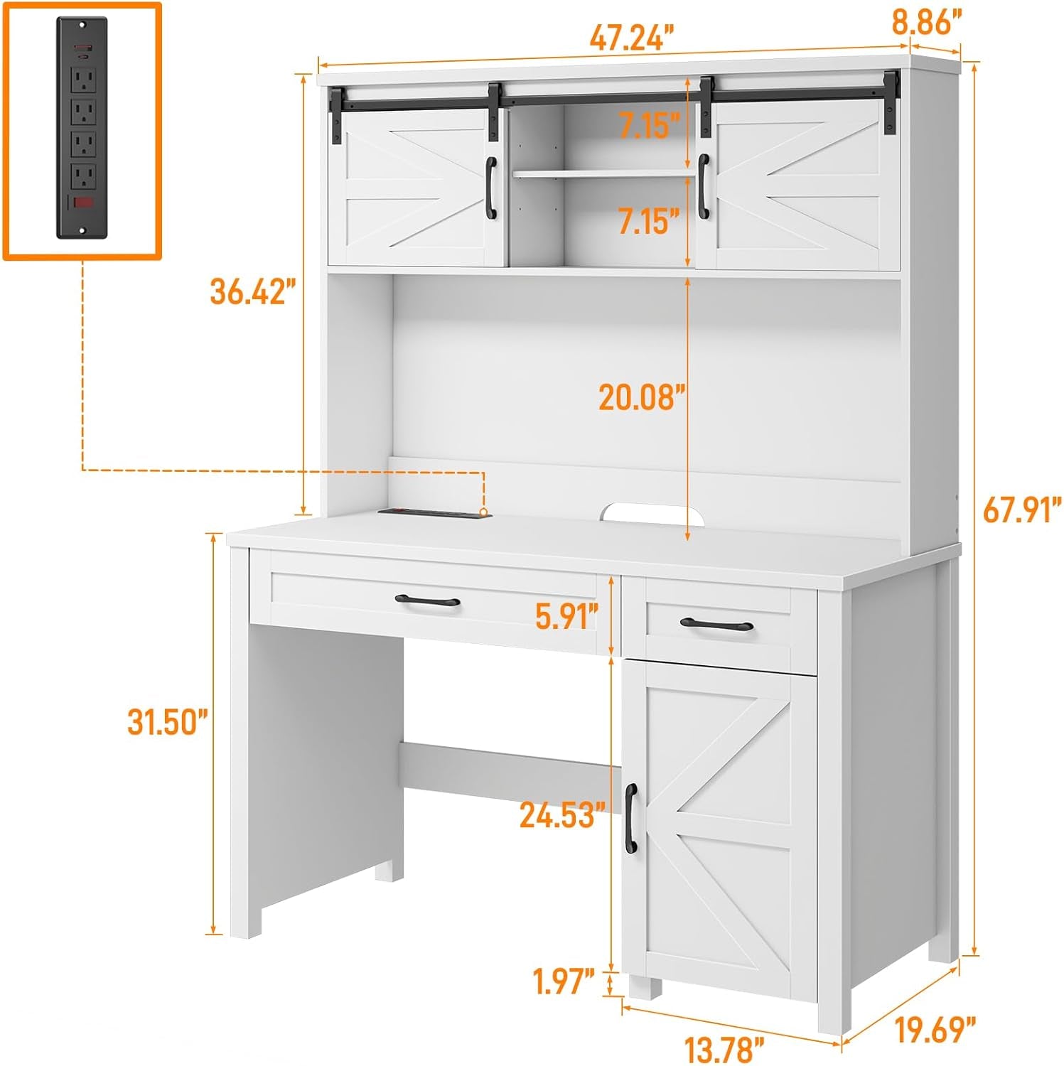 Farmhouse 47" Executive Desk, Computer Desks with 2 Drawers and Storage Cabinet, Home Office Desk with Hutch and Charging Station, Workspace for Work and Study. (Cream White.