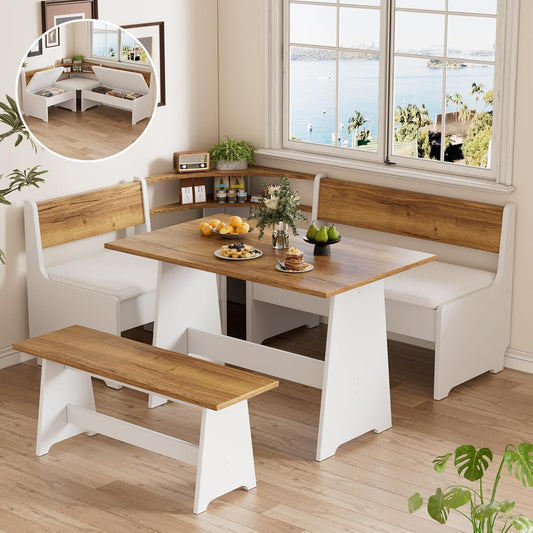 Corner Breakfast Nook Table Set with Cushion, L-Shape Kitchen Dining Table with Bench, Farmhouse Wood Breakfast Nook Bench with Hidden Storage,White & Brown